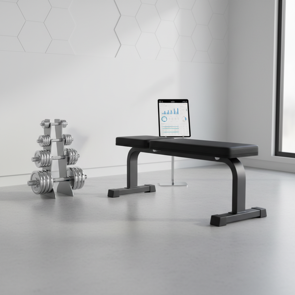 A meticulously organized performance coaching workspace featuring a sleek black adjustable weight bench, polished chrome dumbbells arranged by size on a minimalist rack, and a digital tablet resting upright displaying detailed training metrics and performance graphs. The scene is set in a bright, modern studio with smooth light grey flooring and a clean white wall accented by a subtle geometric pattern. Soft, diffused daylight pours in from an unseen window, creating gentle reflections on the metal surfaces and crisp shadows that emphasize structure. Photographic realism, shot at eye level with a slight three-quarter angle, sharp focus on the equipment and a mild background blur. The mood is highly professional, focused, and precise, embodying customized physical preparation and performance optimization.