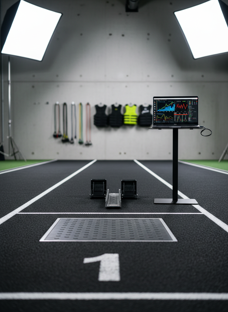 A high-end athletic performance testing corner centered around a pristine black sprint track segment with clearly marked white lines, a starting block perfectly aligned, and a compact force plate embedded in the floor. Beside it, a laptop on a slim, matte-black stand displays colorful performance analytics and velocity curves. The background shows neatly mounted resistance bands and weighted vests on a smooth concrete wall, all subtly out of focus. Cool, even studio lighting from above and the side defines clean edges and highlights technical details without harsh glare. Photographic realism, shot from a low, forward-facing angle along the track, creating depth and a subtle leading line toward the analytical equipment. The atmosphere is precise, data-driven, and intensely performance-oriented, evoking elite-level preparation without any human presence.