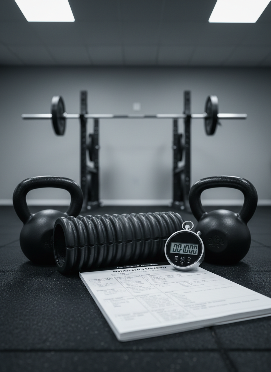 A close-up of high-performance training tools arranged with surgical precision on a dark rubber gym floor: a sleek black foam roller with textured ridges, a pair of heavy-duty kettlebells with matte finish, a modern stopwatch, and a notebook open to a carefully structured strength program written in fine black ink. In the upper background, slightly out of focus, a performance barbell rests on a low squat rack against a neutral grey wall. Overhead LED panel lighting casts clean, even illumination, creating crisp contours and subtle highlights on the metal and rubber surfaces. Photographic realism, shot from a low, three-quarter angle with shallow depth of field, focusing on the notebook and central tools. The scene feels methodical, intentional, and intensely professional, emphasizing precision in physical preparation and individualized coaching.