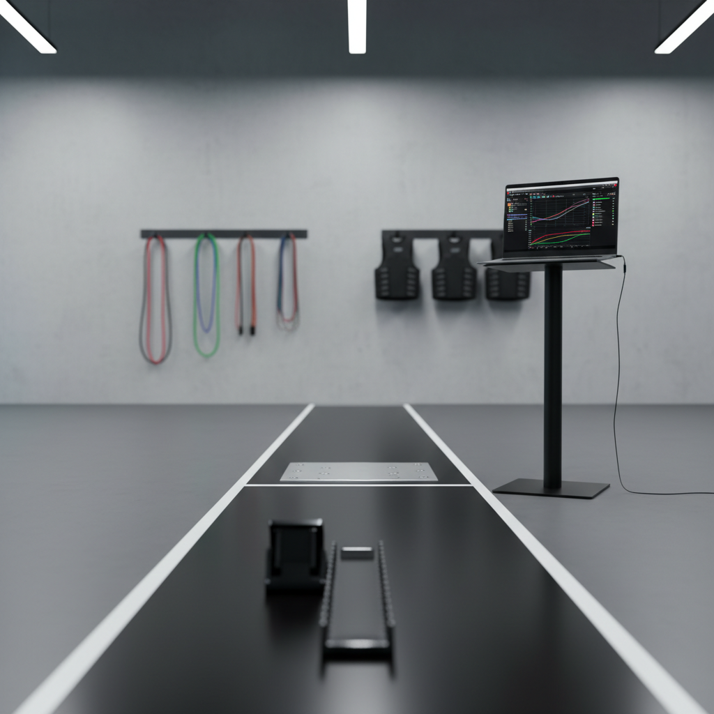 A high-end athletic performance testing corner centered around a pristine black sprint track segment with clearly marked white lines, a starting block perfectly aligned, and a compact force plate embedded in the floor. Beside it, a laptop on a slim, matte-black stand displays colorful performance analytics and velocity curves. The background shows neatly mounted resistance bands and weighted vests on a smooth concrete wall, all subtly out of focus. Cool, even studio lighting from above and the side defines clean edges and highlights technical details without harsh glare. Photographic realism, shot from a low, forward-facing angle along the track, creating depth and a subtle leading line toward the analytical equipment. The atmosphere is precise, data-driven, and intensely performance-oriented, evoking elite-level preparation without any human presence.