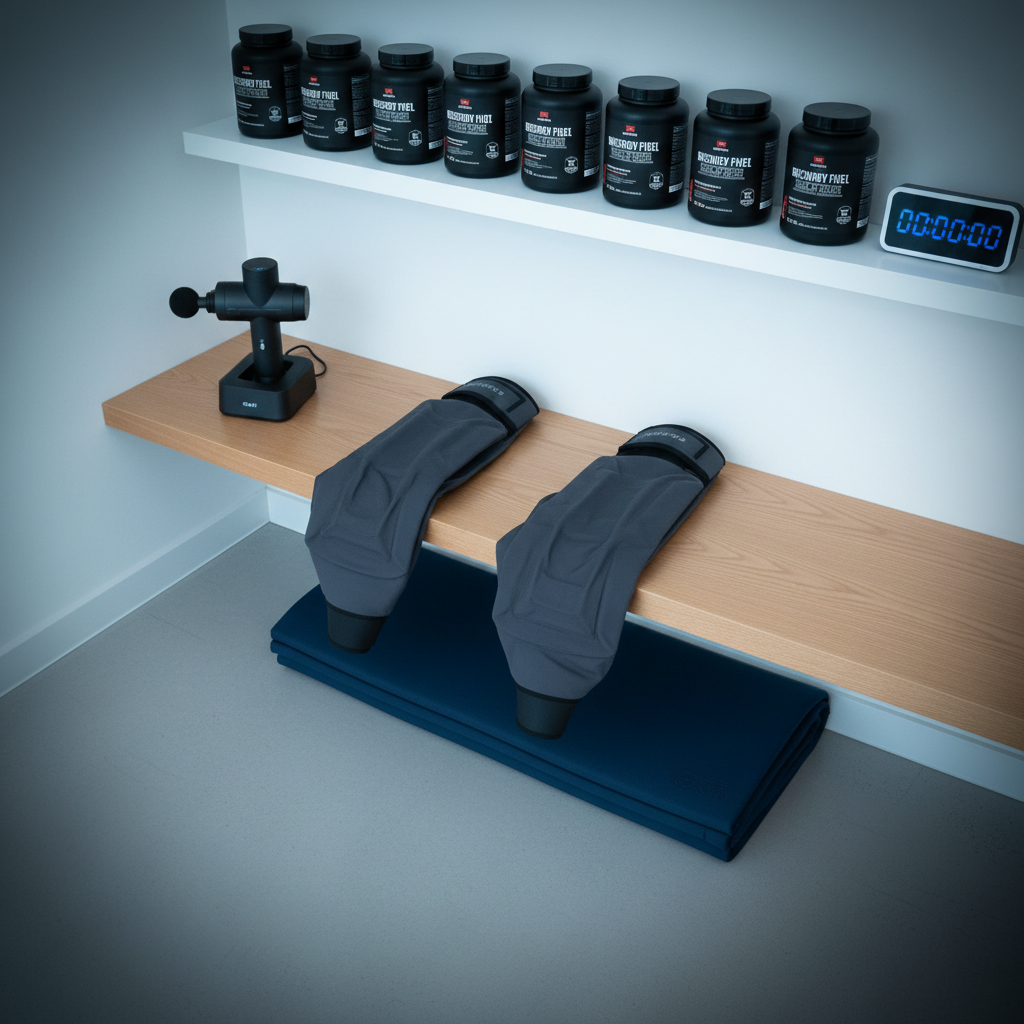 An advanced recovery and performance corner in a modern training studio, featuring a neatly folded navy-blue recovery mat, a compact massage gun in matte black resting on its charging stand, and a pair of sleek compression sleeves laid symmetrically on a light wooden bench. Behind, on a floating shelf, neatly aligned tubs of sports recovery supplements and a digital timer with a glowing LED display add subtle detail. The space is bathed in soft, cool-toned studio lighting with a gentle vignette, creating a calm yet technical atmosphere. Photographic realism, captured from a slightly elevated angle with sharp focus throughout, emphasizing order and clarity. The mood is restorative but purposeful, clearly positioned within a high-performance coaching environment that values recovery as strategically as training.