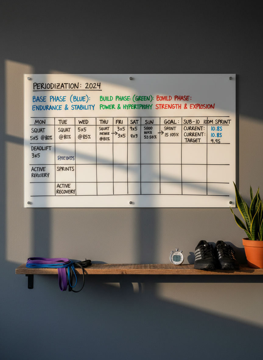 A custom coaching whiteboard mounted on a matte charcoal grey wall, filled with meticulously written performance plans, color-coded training phases, and precise strength targets in clean handwriting. Beneath the board, a narrow wooden shelf holds a neatly stacked collection of resistance bands, a stopwatch, and a pair of pristine black training shoes with subtle reflective accents. A small potted plant with dark green leaves softens the scene. Natural late-afternoon light enters from the left, creating a warm gradient across the wall and soft, directional shadows from the objects. Photographic realism, composed using the rule of thirds with the whiteboard dominating the upper section. The background is slightly blurred to emphasize the planning details. The mood is strategic, disciplined, and personalized, conveying detailed, on-demand coaching preparation.