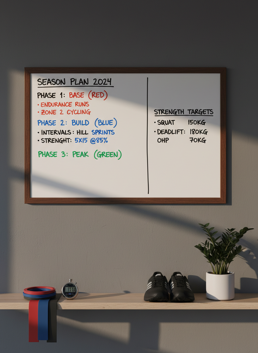 A custom coaching whiteboard mounted on a matte charcoal grey wall, filled with meticulously written performance plans, color-coded training phases, and precise strength targets in clean handwriting. Beneath the board, a narrow wooden shelf holds a neatly stacked collection of resistance bands, a stopwatch, and a pair of pristine black training shoes with subtle reflective accents. A small potted plant with dark green leaves softens the scene. Natural late-afternoon light enters from the left, creating a warm gradient across the wall and soft, directional shadows from the objects. Photographic realism, composed using the rule of thirds with the whiteboard dominating the upper section. The background is slightly blurred to emphasize the planning details. The mood is strategic, disciplined, and personalized, conveying detailed, on-demand coaching preparation.